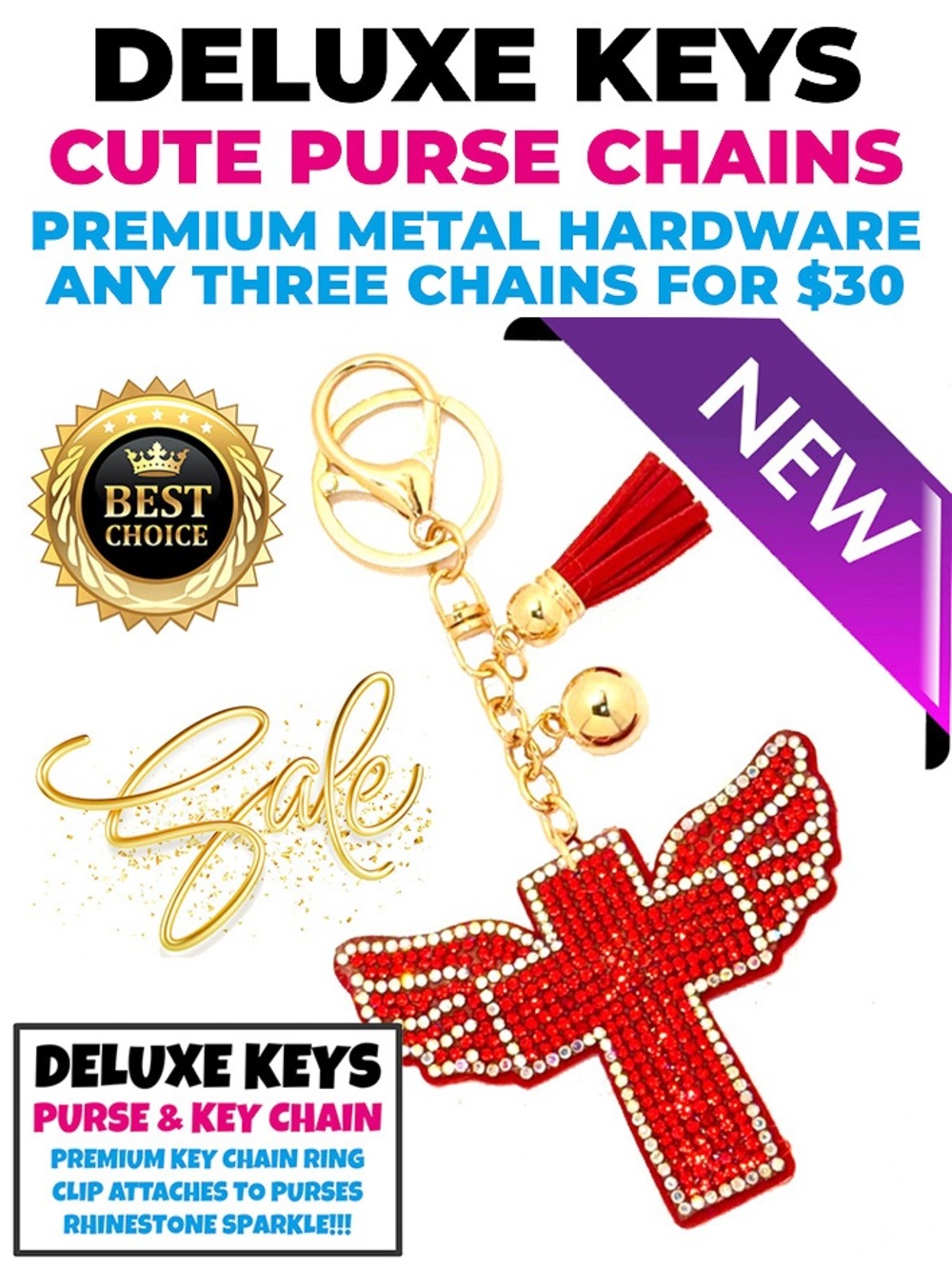 DeLuxe Keys Rhinestone Keychain/Purse Chain RED CROSS WITH WINGS
